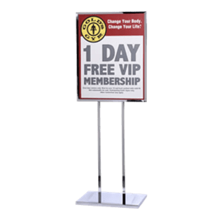“22x28 heavy-duty poster sign stand with polished chrome finish”