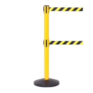 “SafetyMaster twin belt stanchion with yellow post and dual caution belts”