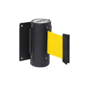 WallMaster 300 X wall mount retractable belt stanchion in black steel housing with the extended 3-inch wide yellow belt pulled across, clearly showing a pre-printed 'DO NOT ENTER' safety message for access restriction.