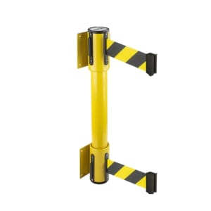 WALLMASTER TWIN 300 dual belt wall mount retractable barrier in black steel housing with both parallel belts extended across a doorway, showing the anti-ducking twin belt configuration.