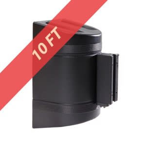 WALLPRO 300 wall mount retractable belt stanchion with a 10-foot yellow and black diagonal stripe safety belt extended across a wide warehouse aisle, featuring the compact ABS housing.