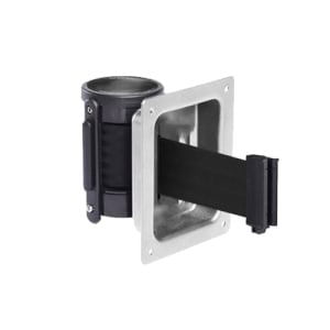 RECESSED WALLPRO flush mount retractable belt barrier installed discreetly in a white corridor wall cavity, showing only the flat, powder coated face plate when the belt is retracted.