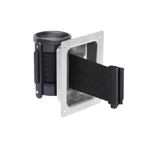 RECESSED WALLPRO XTRA discrete flush mount barrier installed in a corridor wall. The extra-wide belt is extended, clearly showing a bold, printed safety message.