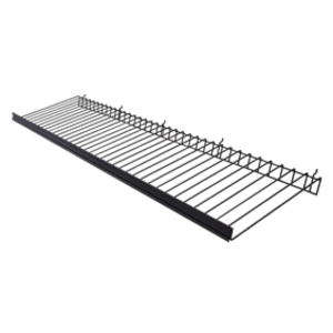 “Black metal wire display shelf for retail and queue systems”