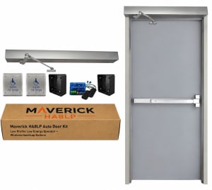 Maverick HA8LP Low Profile ADA Automatic Door Opener for Hollow Metal Doors with Doggable Panic Bar - 2 Wireless Handicap Push Buttons, Up to 300 lb. Doors