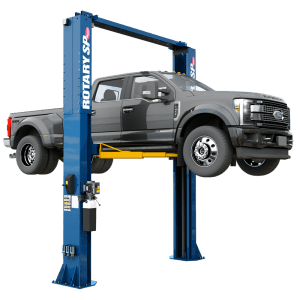 Rotary SPO16-AV 16,000 lb. lift with 3-stage AVARMS supporting a grey Ford F-450 Super Duty dually truck.