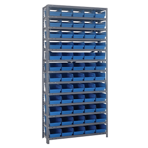 Steel shelving unit with durable plastic bins for effective small parts organization and management, supporting up to 400 lbs