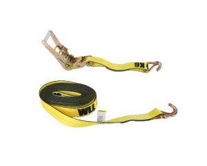 Heavy Duty 2 inch by 27 foot Ratchet Strap with Wire Hooks, demonstrating 3,333 lbs break strength and secure cargo tie-down capability.