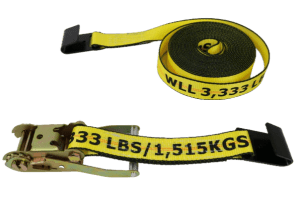Yellow 2 inch by 30 foot ratchet strap with flat hooks and 3333 lbs load capacity for secure cargo handling