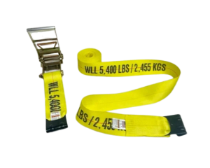 Heavy-duty 4 inch by 30 feet ratchet strap assembly with flat hooks, capable of securing loads up to 5400 lbs, model A-4X30RFH