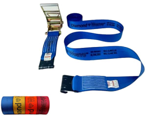 4 inch by 30 feet ratchet tie down strap with flat hooks, capable of securing loads up to 5400 lbs