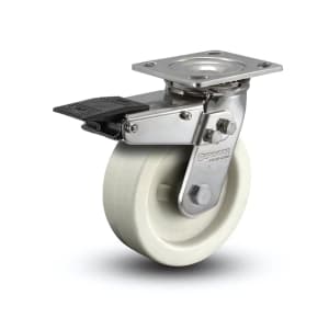 5"x2" stainless steel high-temperature swivel caster with Delrin bearing and total lock, 650 lb capacity