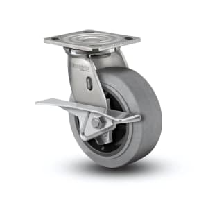 Stainless steel swivel caster with 6"x2" performa rubber roller bearing, CAM-brake, and 4"x4.5" plate.