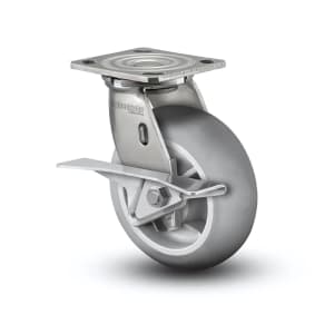 Stainless steel swivel caster with 6x2 inch performa rubber roller bearing, cam brake, and 4x4.5 inch top plate.
