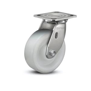 Stainless steel swivel caster with white nylon delrin bearing, 4"x4.5" top plate, 8"x2" wheels, and 1200 lb load capacity.