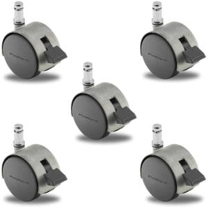 Set of 5 Pacer Hooded Locking  Chair Casters, 50mm Diameter, 7/16" x 7/8" Grip Ring Stem, 375 lbs Capacity, Nylon Wheels, Satin Chrome Finish, Made in USA, Suitable for Carpet and Rugs, Not for Hardwood without Chair Mat.