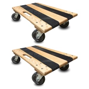 Two solid oak 18" x 30" movers dollies with non-skid rubber strips and 4" thermo rubber wheels, each supporting up to 960 lbs, ideal for heavy-duty furniture moving and professional use.