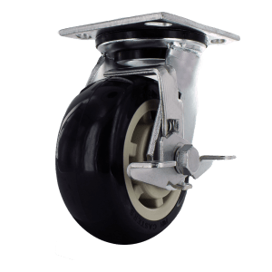 5" x 2" Heavy Duty Swivel Caster with Zinc Plated Steel Yoke, 4" x 4.5" Plate, TPU Blue Polyurethane Wheel, 1/2" Precision Bearings, Side Brake, 800 lb Capacity