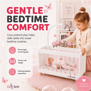 18-Inch Doll Furniture - Wooden Doll Bed Crib with Elephant Lovey and Matching Spinning Mobile