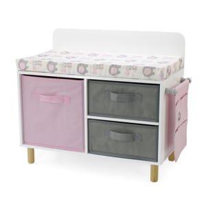 18-Inch Doll Furniture - Toy Baby Doll Crib Set for Little Girls, Changing Table Furniture with Clothes and Accessories Storage and Pockets, for 3+ Year Old Girls, Baby Doll Set and Accessories - White/Pink/Gray