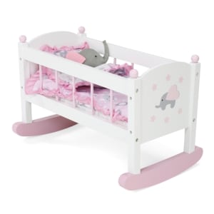 Emily Rose NEW Toy Wooden Baby Doll Rocking Cradle Bed Crib Furniture with Lovely 4-piece Elephant Themed Reversible 18" Doll Bedding Set - for Dolls up to 19 inches - White/Pink/Gray