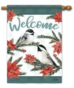 Poinsettia Chickadees Decorative House Flag