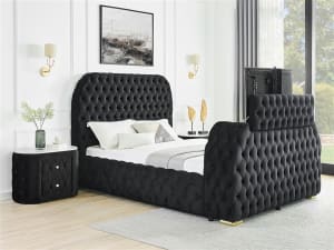 Natalia Queen Panel Bed with Fireplace and TV Lift in Black Finish by Crown Mark - CM-5115BK-Q