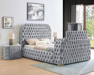 Natalia Queen Panel Bed with Fireplace and TV Lift in Grey Finish by Crown Mark - CM-5115GY-Q