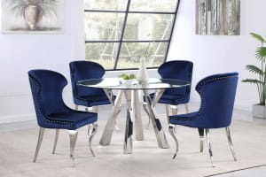 Alaia Ink Blue Chairs Round Glass Top Dining Table 5 Piece Set in Chrome Finish by Coaster - 190710