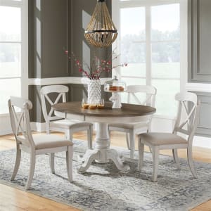 Ocean Isle 5 Piece Pedestal Table X Back Side Chairs Dining Set in Antique White and Weathered Pine Finish by Liberty Furniture - 303W-CD-5PDS