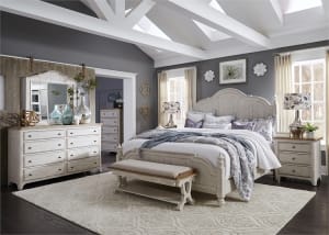 Farmhouse Reimagined Poster Bed 6 Piece Bedroom Set in Antique White Finish with Chestnut Tops by Liberty Furniture - 652-BR-QPSDMN