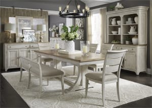 Farmhouse Reimagined 6 Piece Trestle Table Set in Antique White Finish with Chestnut Tops by Liberty Furniture - 652-DR-O6TRS