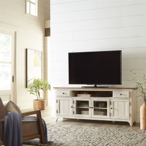 Farmhouse Reimagined 72 Inch Entertainment TV Stand in Antique White w/ Chestnut Top Finish by Liberty Furniture - LIB-652-TV72