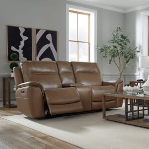 Collins Zero Gravity Triple Power Reclining Console Loveseat in York Chestnut Leather by Liberty Furniture - 7016CN-23P