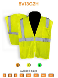 C2V Safety Vest, Lime, Class 2, Mesh, Zipper, 8V13G2H