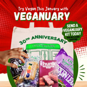 Send a Friend Veganuary Kit from Lilyâ€™s Vegan Pantry featuring vegan steak, vegan salmon, truffle jerky, gluten-free vegan chicken legs, and 30th anniversary tote bag.