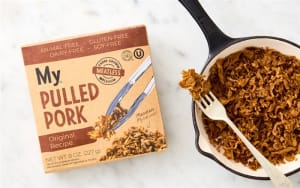 My Pulled Pork plant based pulled pork cooked in a skillet