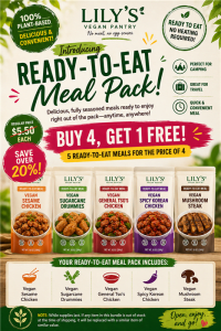 Ready to Eat Meal Package featuring vegan curry dish, vegan loo han dish, vegetarian mei kan kou dish, and vegetarian beef stewâ€”perfect for camping, traveling, or quick meals.