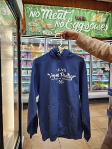Lily's Vegan Pantry Limited Edition Blue Hoodie featuring LVP logo cozy fit and vibrant blue color for ethical fashion