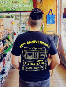 LVP Red Shirt featuring the Lily's Vegan Pantry logo in unisex medium fit eco friendly and sustainable fashion