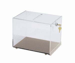 clear lucite memorial contribution box with wide slot at top to accept money envelopes.
may be mounted on wall or plac chapel