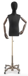 Child display dress form with bronze canvas torso on metal rolling base adjustable retail mannequin for boutiques and designers