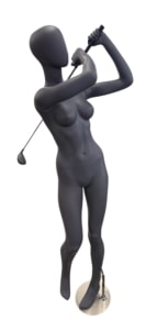 Grey female golf mannequin in full-swing pose wearing golf apparel