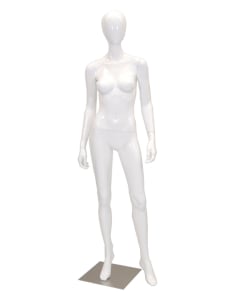 Glossy white female egghead mannequin made of fiberglass standing on a square chrome base with dual support rods.