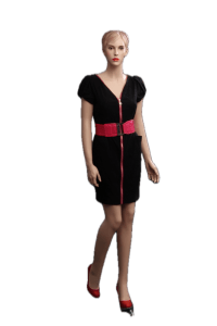 Realistic female mannequin with matte fleshtone skin, molded hair, and eyelashes on a square base.