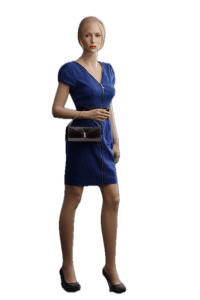 Standing female fiberglass mannequin in matte fleshtone with molded hair and a square metal base for retail clothing display.