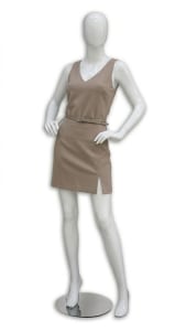 Glossy white full body female fiberglass mannequin with hands on hips egghead design and metal base for retail display