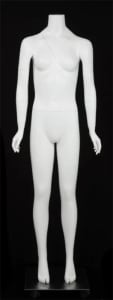 Matte white female full body ghost mannequin with removable magnetic parts and rolling base