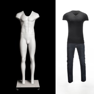 Male ghost mannequin with 3D hollow man effect and wheeled flat metal base for apparel display