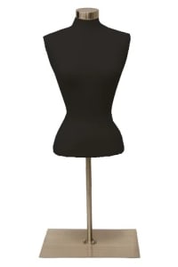 Small black female upper torso dress form with rectangular base